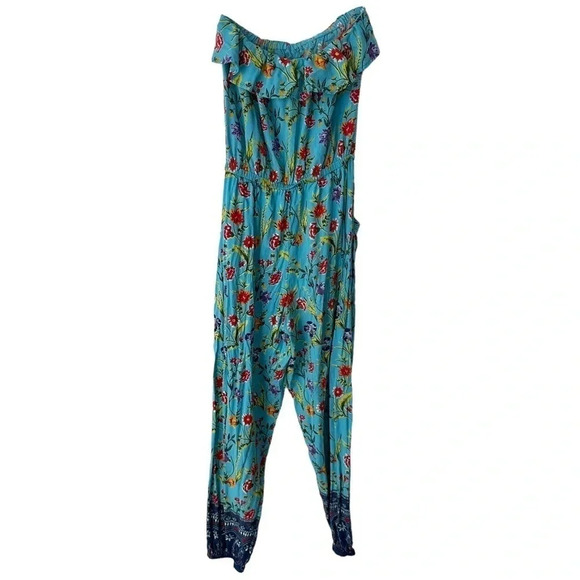 Angie M blue floral strapless boho romper/jumpsuit‎ with pockets + elastic waist - Picture 3 of 7